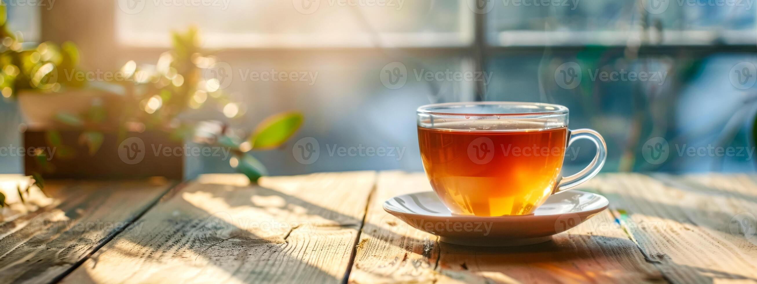 ai generato un' tazza di tè su un' rustico di legno tavolo bagnata nel caldo luce del sole foto
