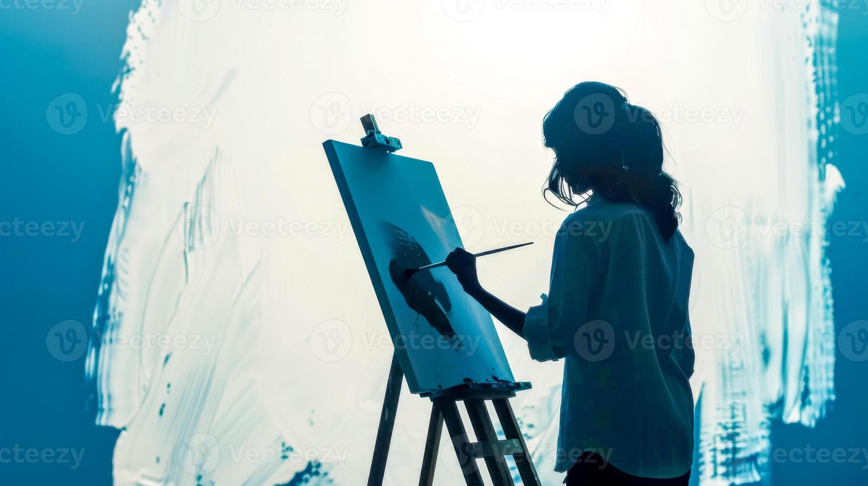 ai generato silhouette di artista pittura su tela foto