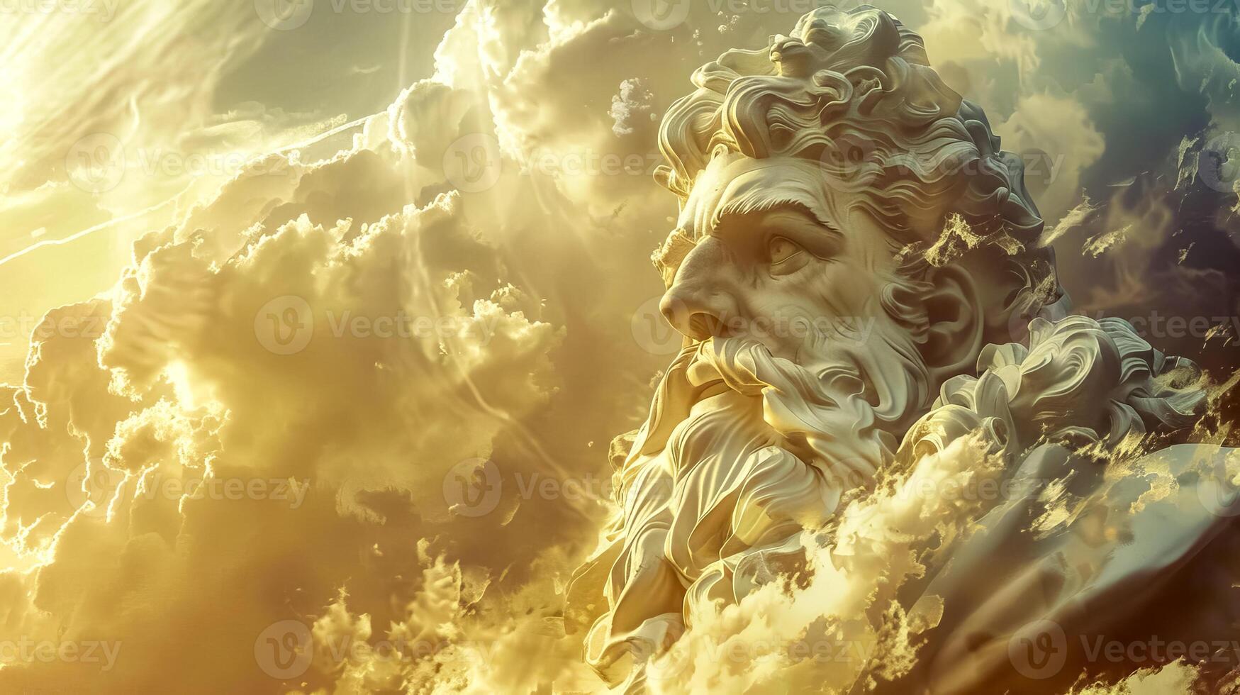 ai generato maestoso nube scultura di greco Dio nel cielo foto