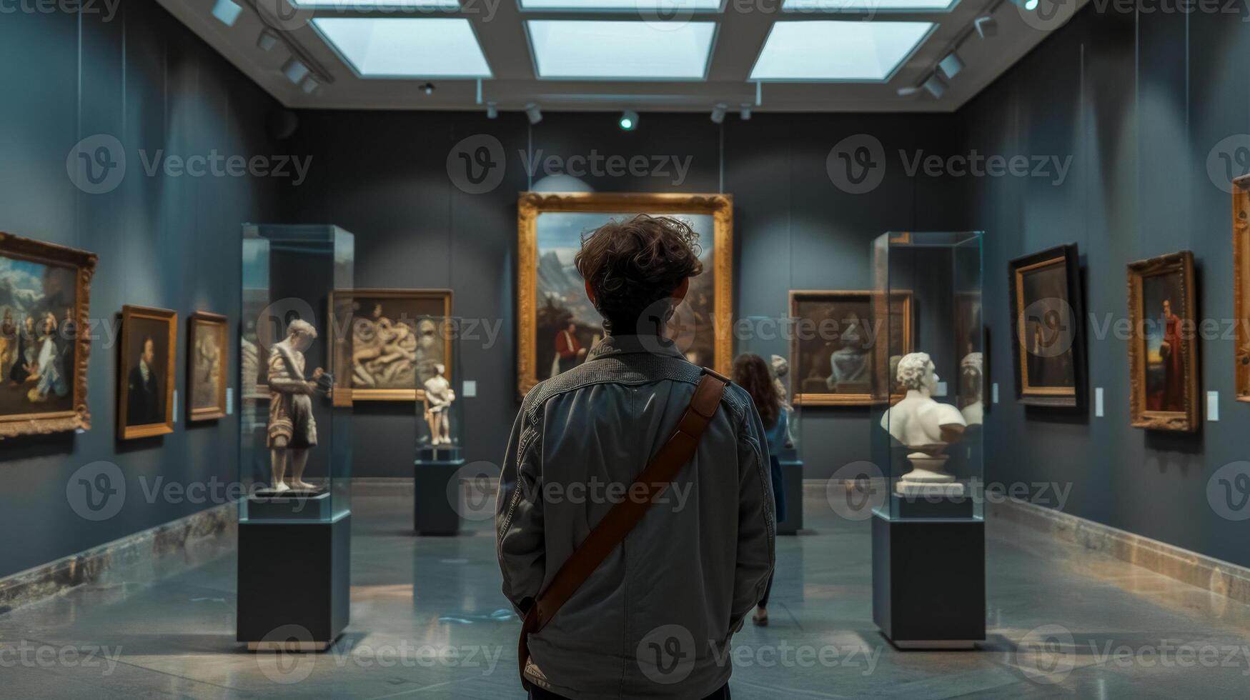 ai generato visitatore contemplando arte a Museo galleria foto