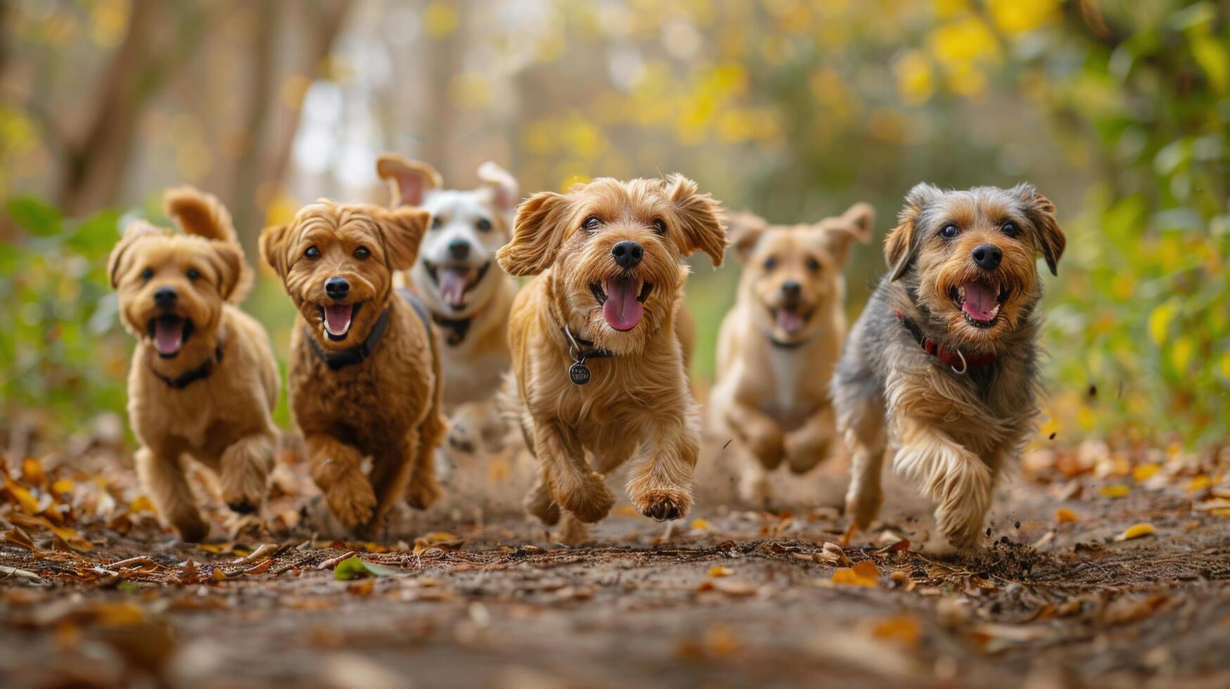 ai generato gruppo di cani in esecuzione giù sporco strada foto