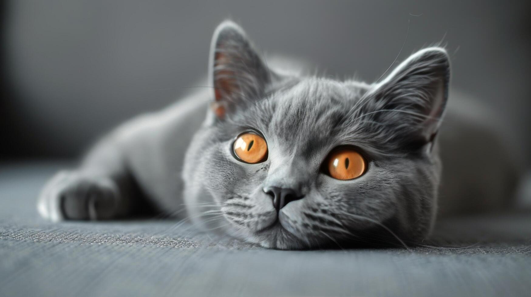 ai generato grigio gatto con arancia occhi posa su pavimento foto