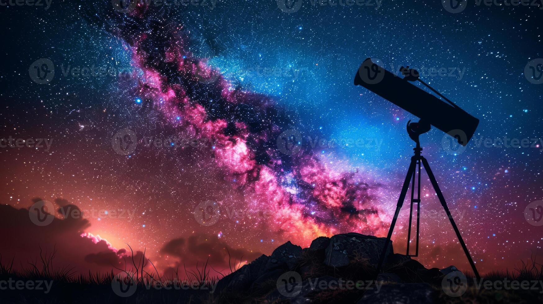 ai generato telescopio staglia contro un' costellato di stelle cielo con galassia sussurra foto