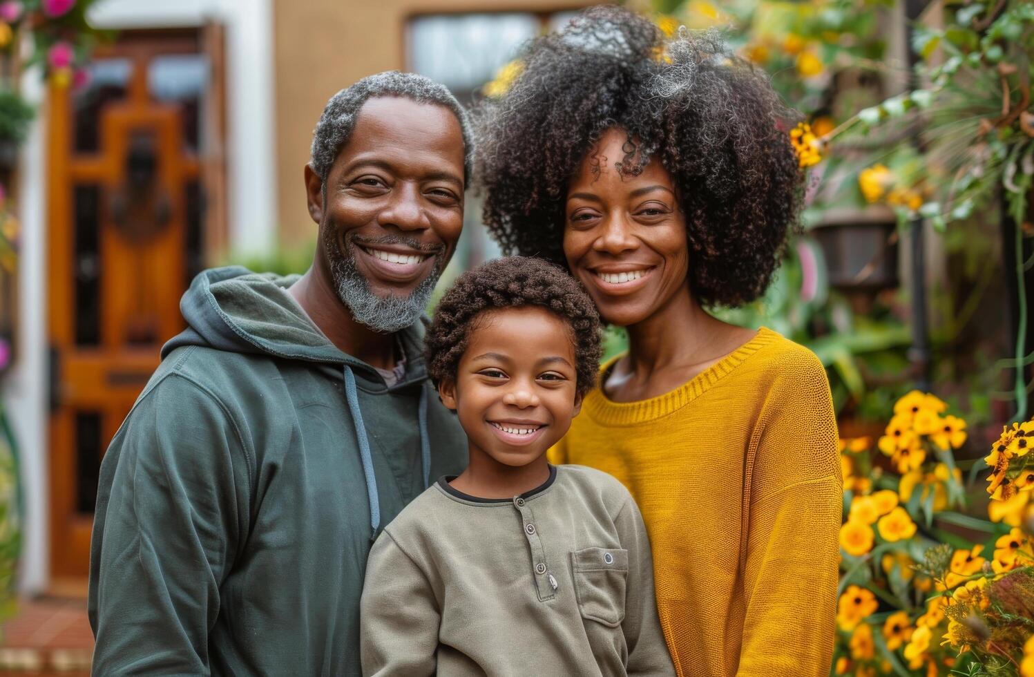 ai generato famiglia in piedi nel davanti di Casa foto