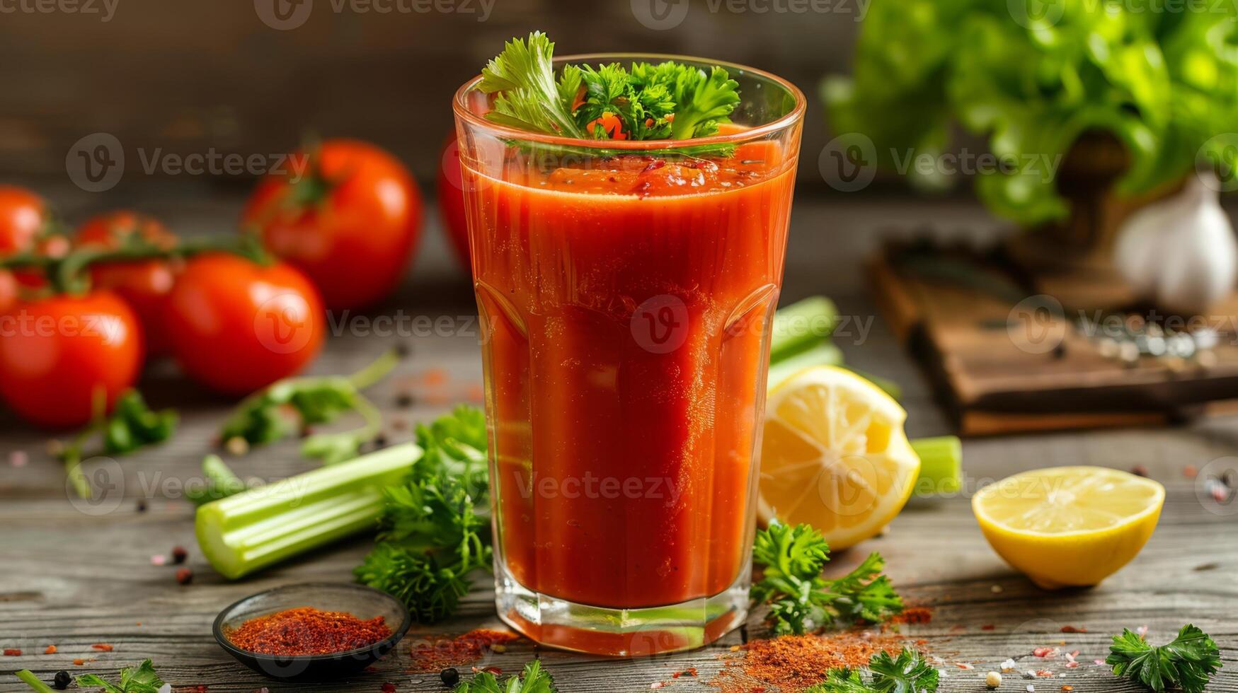 ai generato un' bicchiere di pomodoro succo con sedano, Limone, e un' trattino di caldo salsa foto