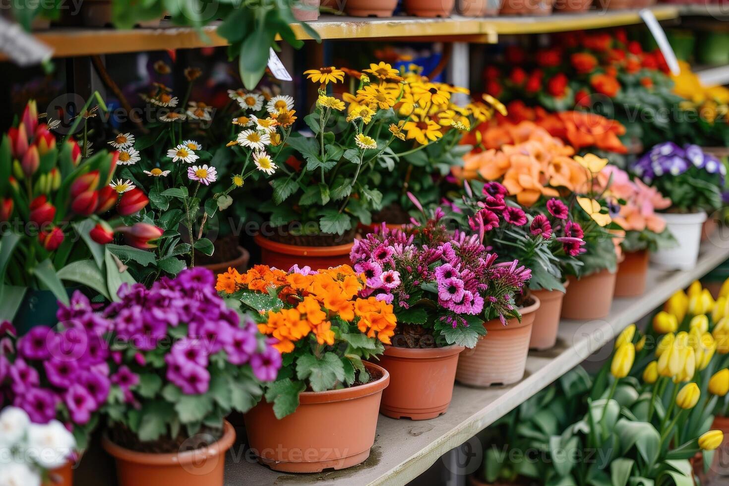 ai generato molti colorato fioritura fiori nel pentole siamo visualizzato su mensola nel floristica memorizzare o a strada mercato. primavera piantare. foto