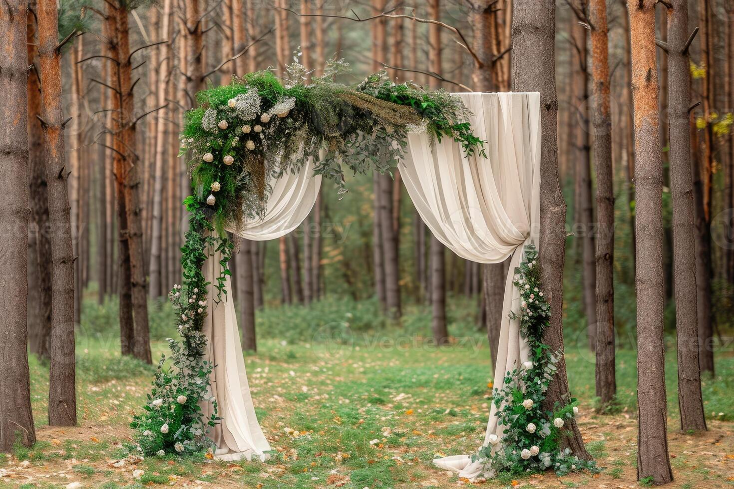 ai generato bellissimo boho nozze arco con verde impianti su verde pino Forrest foto