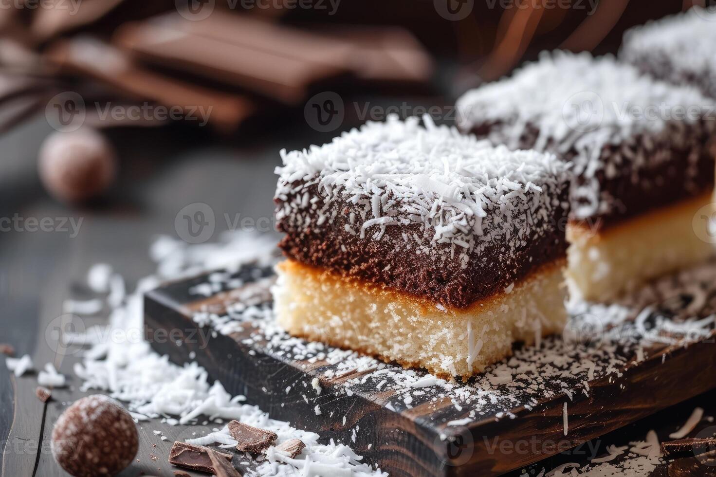 ai generato lamington, spugna torta con cioccolato e Noce di cocco. foto