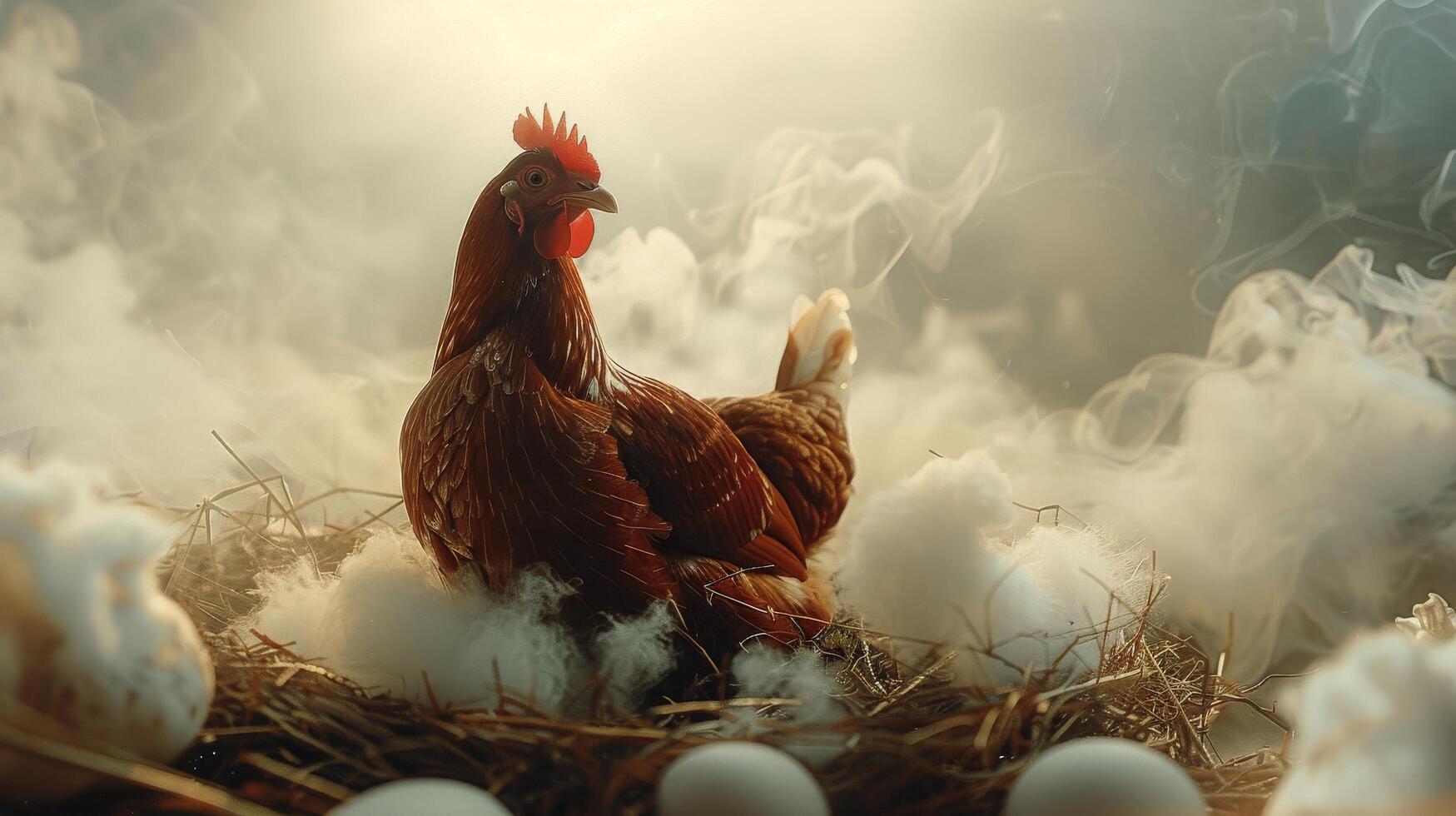 ai generato pollo seduta su superiore di mucchio di uova foto
