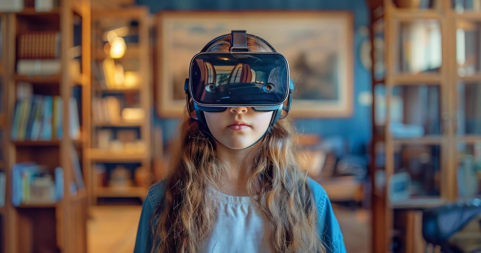 ai generato giovane ragazza indossare virtuale la realtà cuffia foto