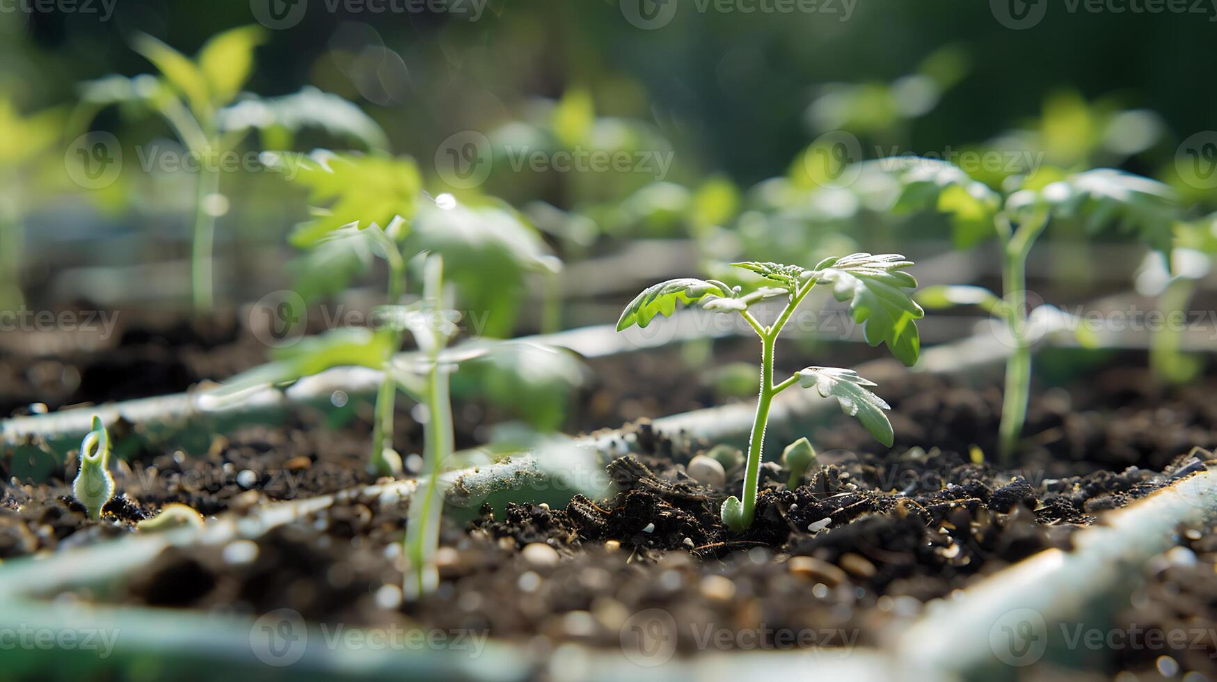 ai generato avvicinamento di giovane piantine essere piantato nel un' riga su un' azienda agricola nel il terra, industriale orticoltura. foto