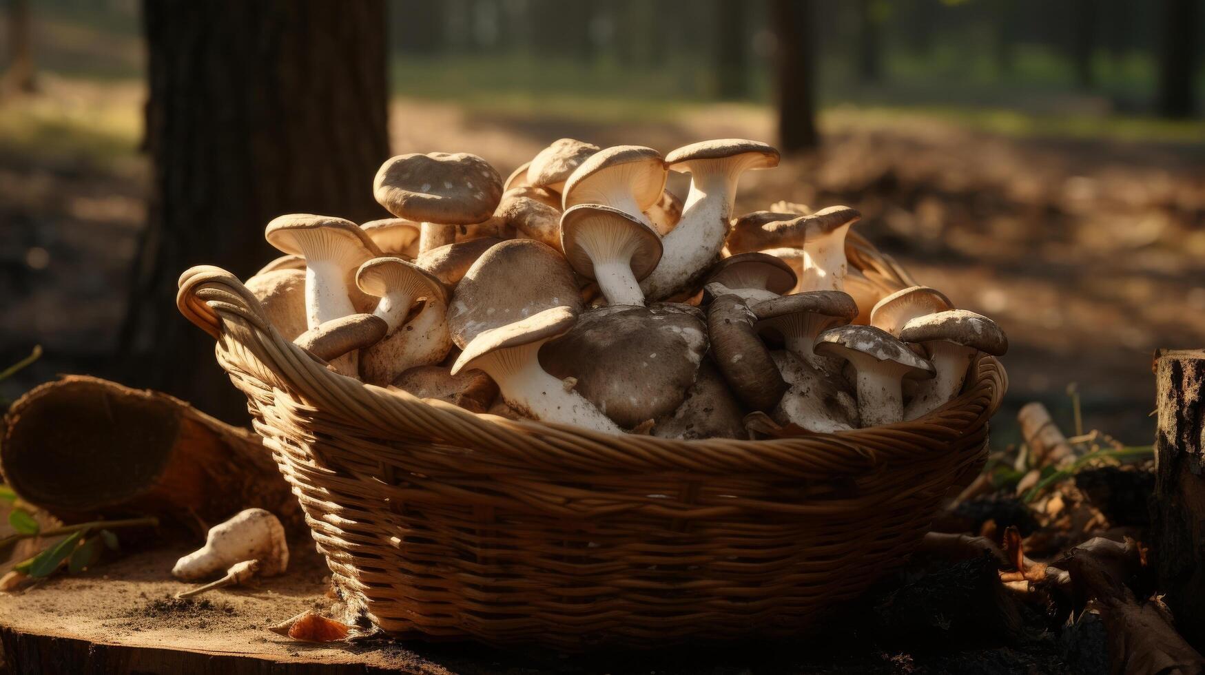 ai generato intrecciata cestino pieno con aromatico, terroso funghi foto