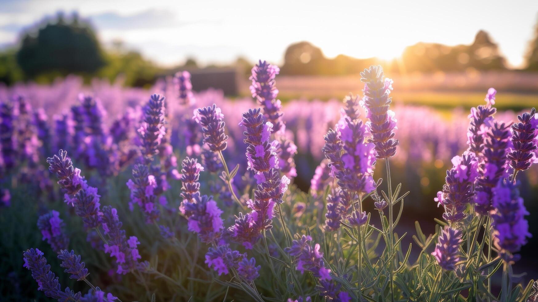 ai generato pomeriggio sole su un' campo di vivace viola lavanda foto