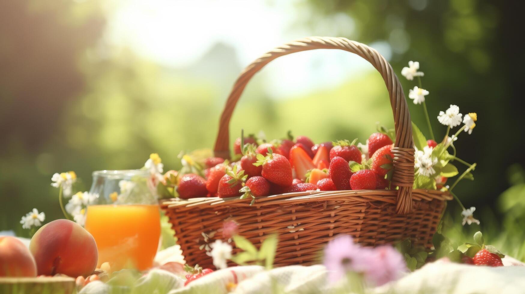 ai generato cestino pieno con vivace frutta nel un' estate picnic foto