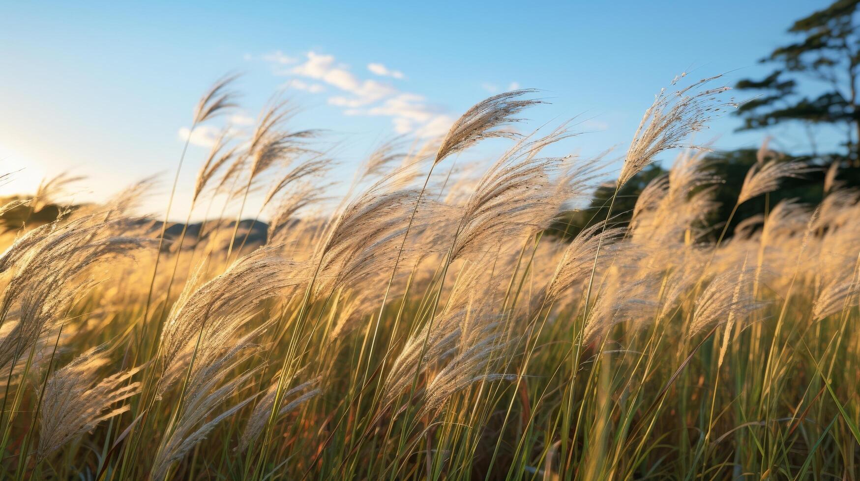 ai generato mossa dal vento alto erba nel un Aperto campo foto