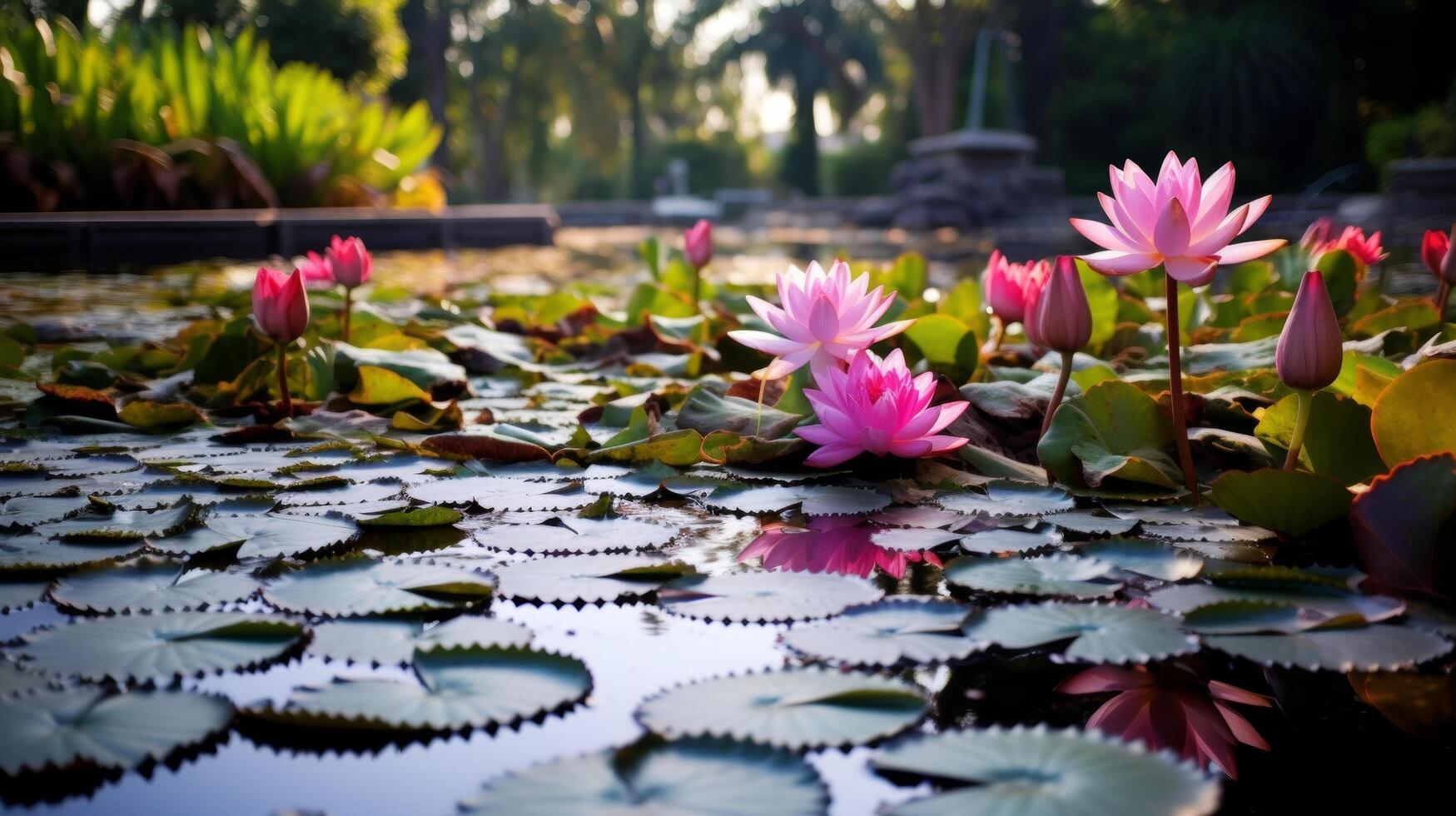 ai generato un' tranquillo scena di un' stagno con loto fiori e le foglie e loro riflessi su il acqua superficie foto