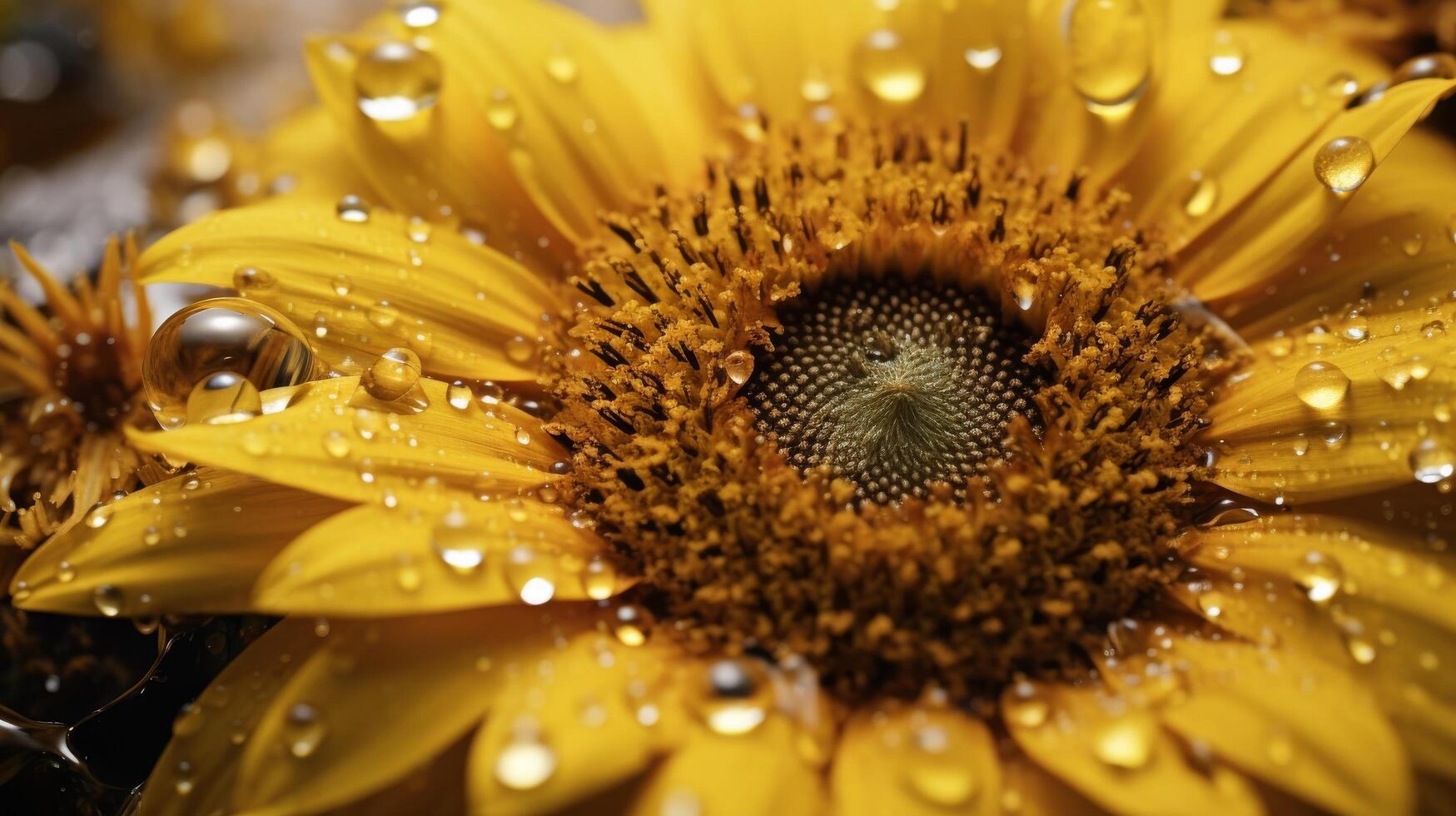 ai generato bellissimo giallo girasole con gocce di acqua su petali avvicinamento foto