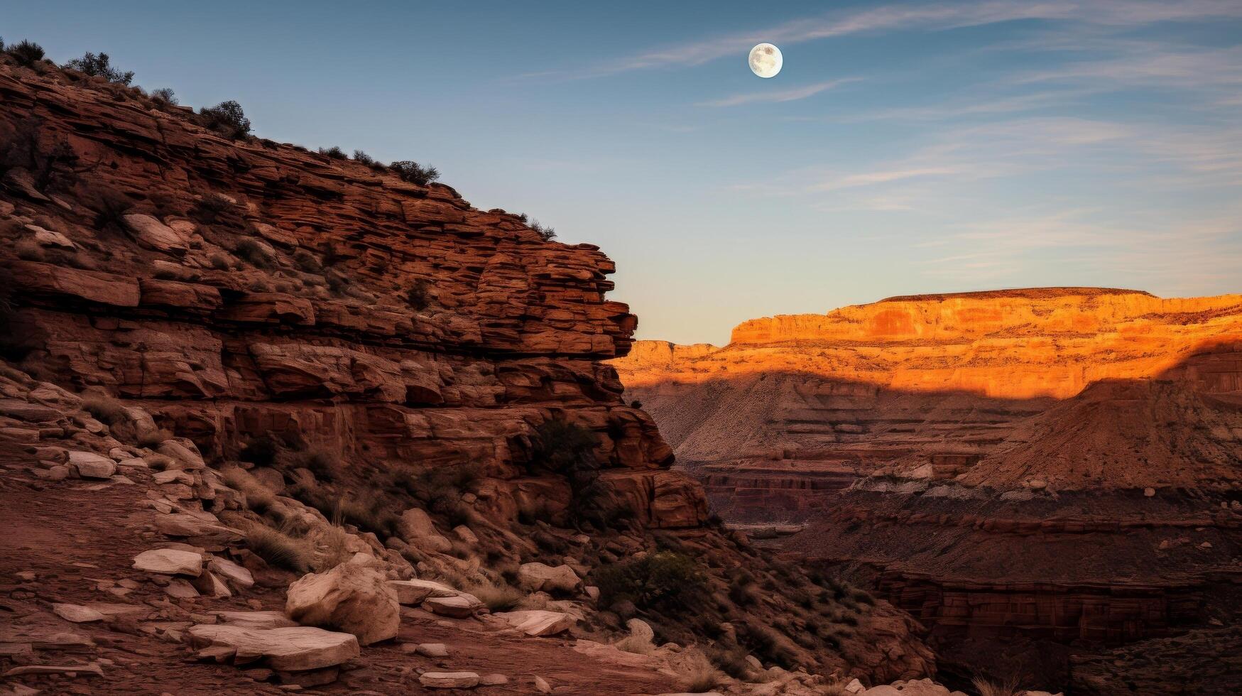 ai generato canyon e Alba lunare sfondo con cielo e stelle foto