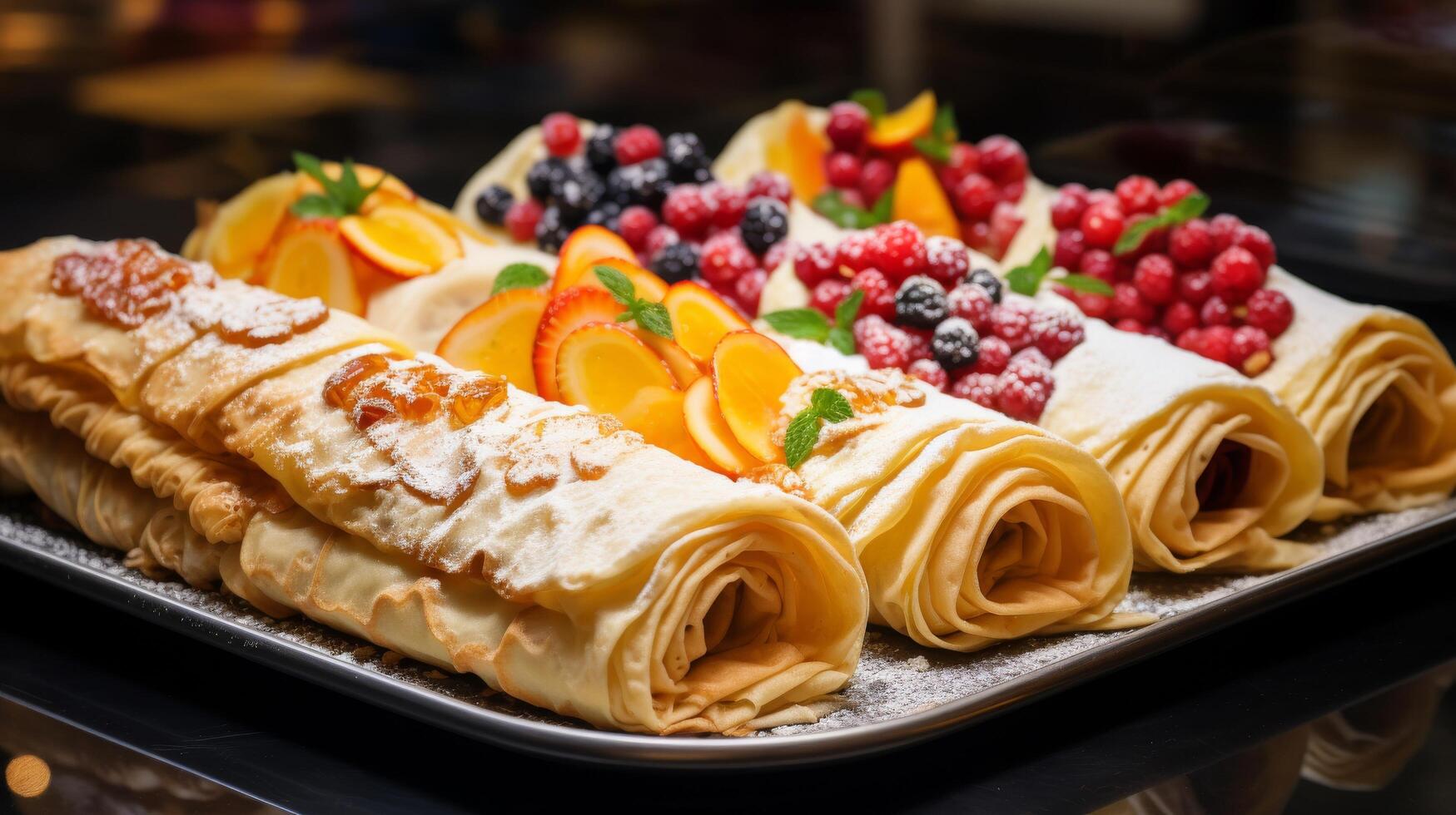 ai generato allettante Schermo con tutti e due dolce e salato crepes foto