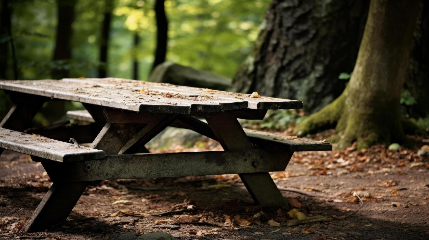 ai generato Vintage ▾ picnic tavolo in mostra Esposto alle intemperie legna foto