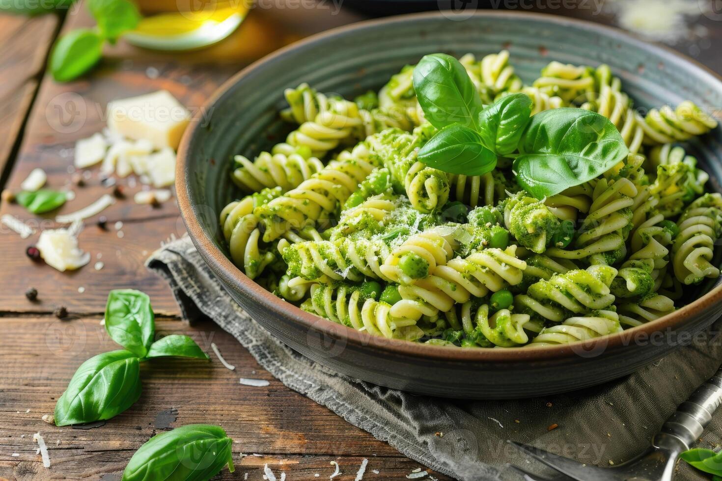 ai generato pasta pesto e pisello salsa servito nel ciotola foto