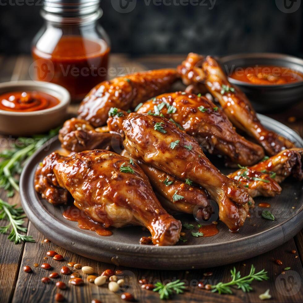 ai generato delizioso smaltato pollo Ali guarnito con erbe aromatiche, servito su un' rustico di legno piatto, Perfetto per Antipasti o pasti foto