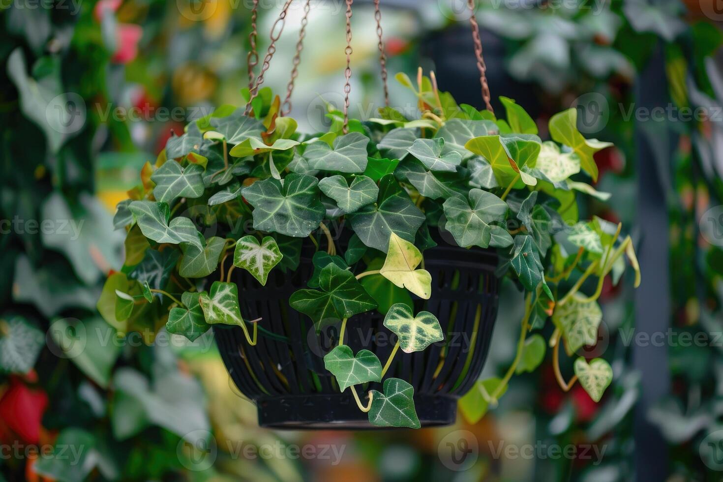 ai generato il concetto di casa e giardino di tensioni edera cresciuto nel un' sospeso cestino su pianta asilo, ornamentale rampicanti. foto