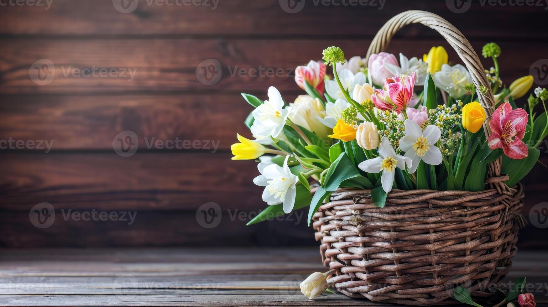 ai generato primavera fiori nel cestino su buio di legno sfondo. foto