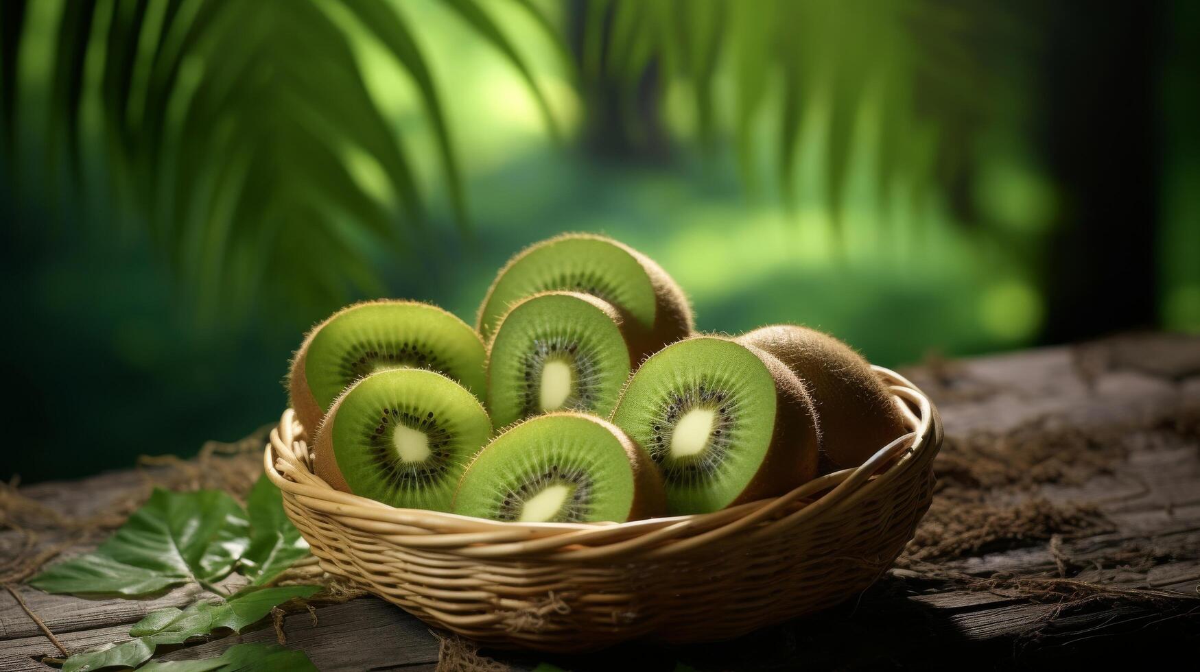 ai generato cestino di succoso Kiwi fette, tropicale ambiance foto