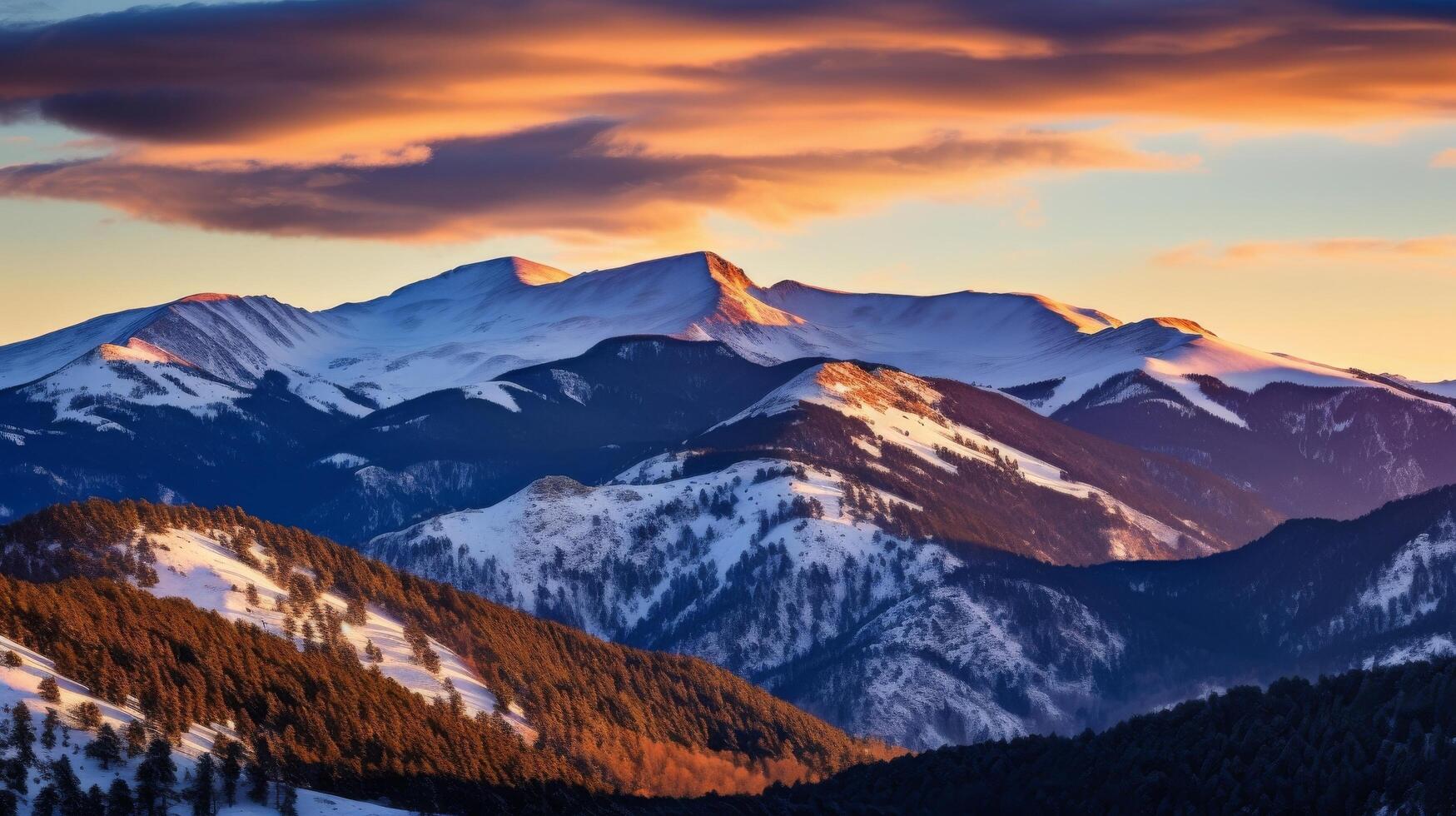 ai generato nevoso montagne raggiante nel il sera leggero foto