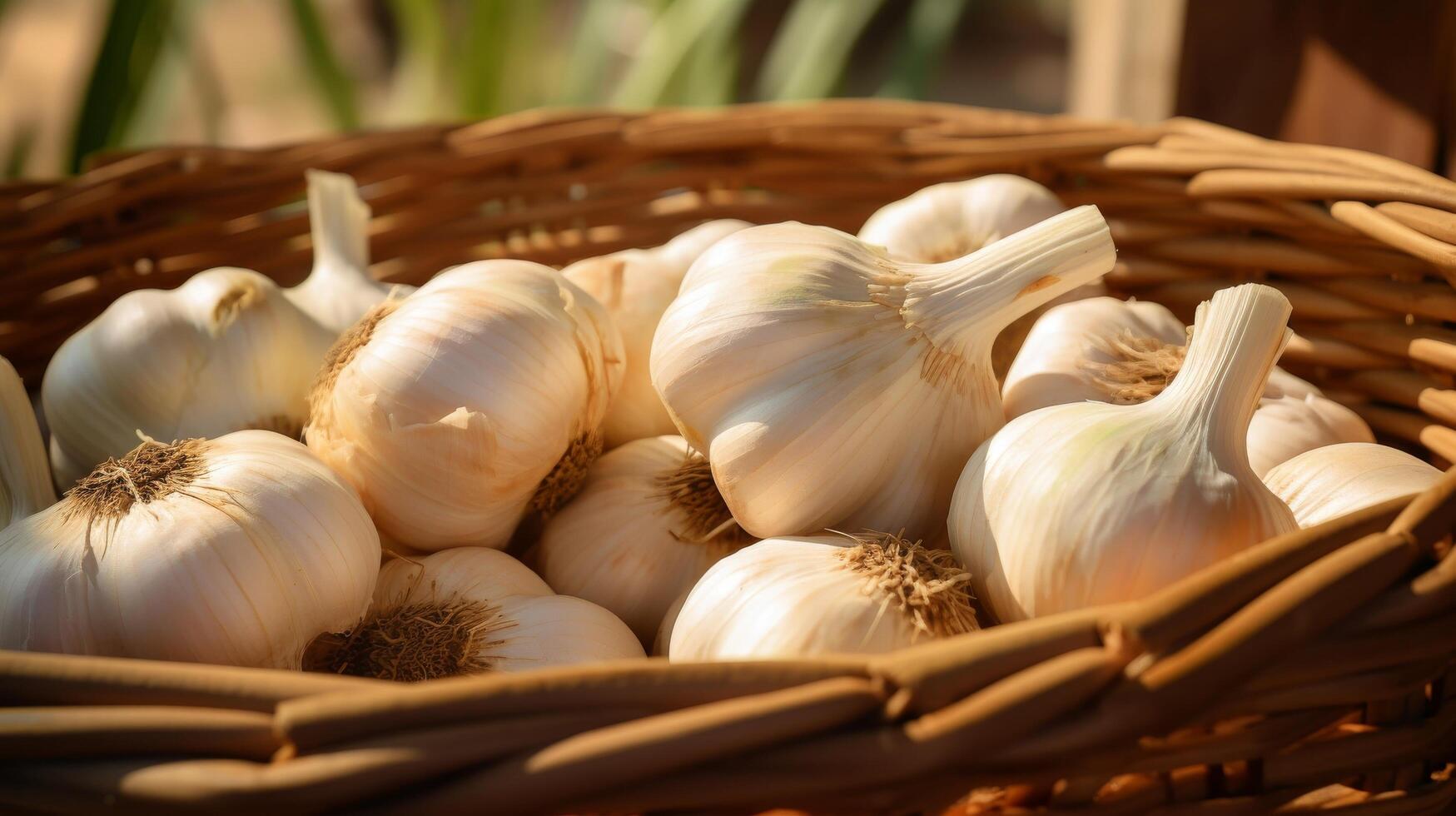 ai generato un' cestino pieno di biologico aglio Chiodi di garofano con verde steli foto