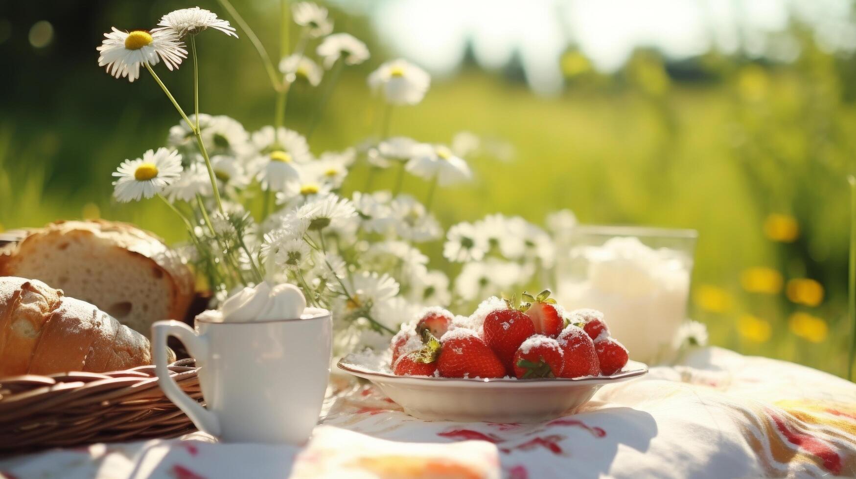 ai generato all'aperto picnic nel soleggiato prato foto