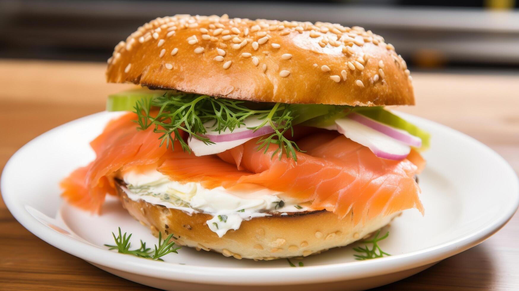 ai generato delizioso LOX bagel con un' generoso diffusione di crema formaggio foto