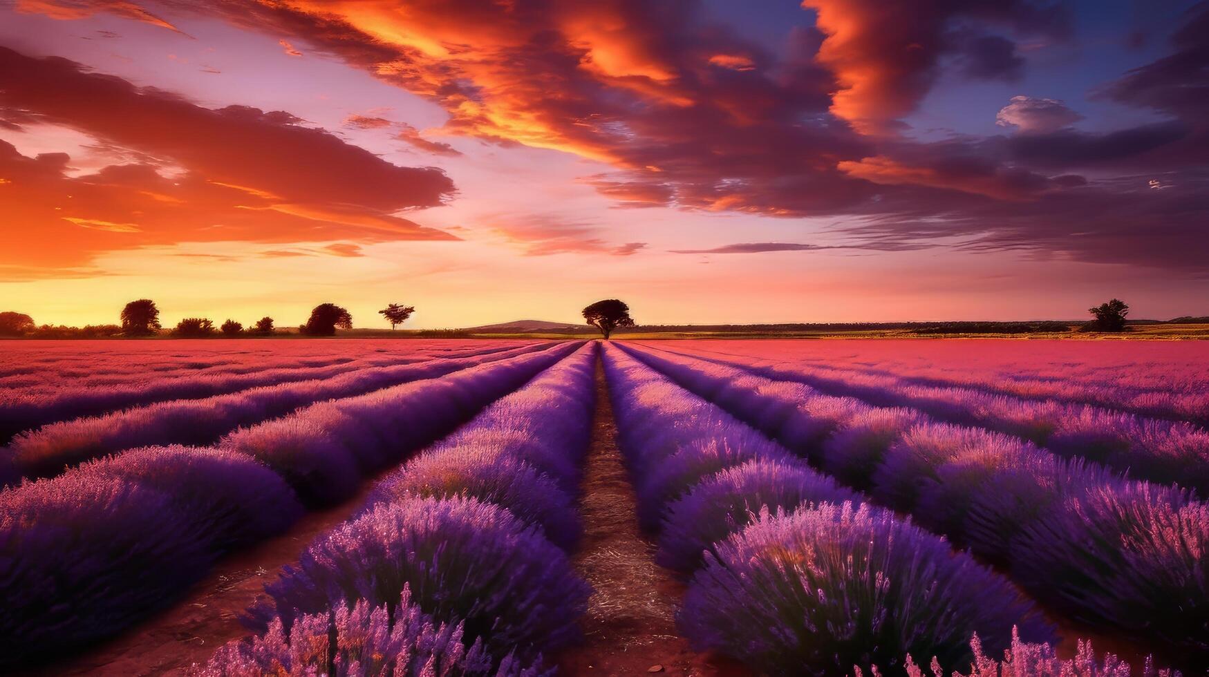 ai generato un' lavanda campo e un' viola cielo con un' luminosa tramonto foto