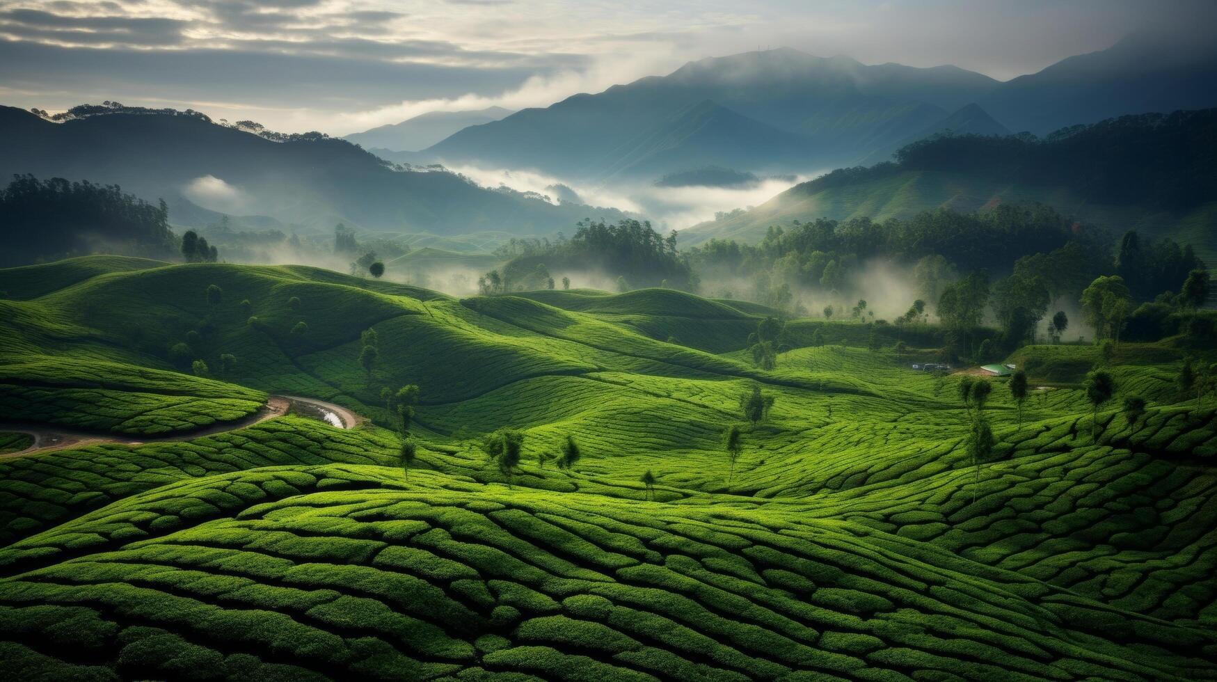ai generato un' nebbioso e tranquillo scena di un' tè piantagione con montagne foto