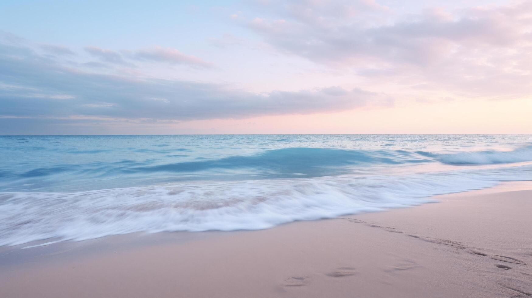 ai generato sabbioso spiaggia con Alba e mare nel il sfondo foto