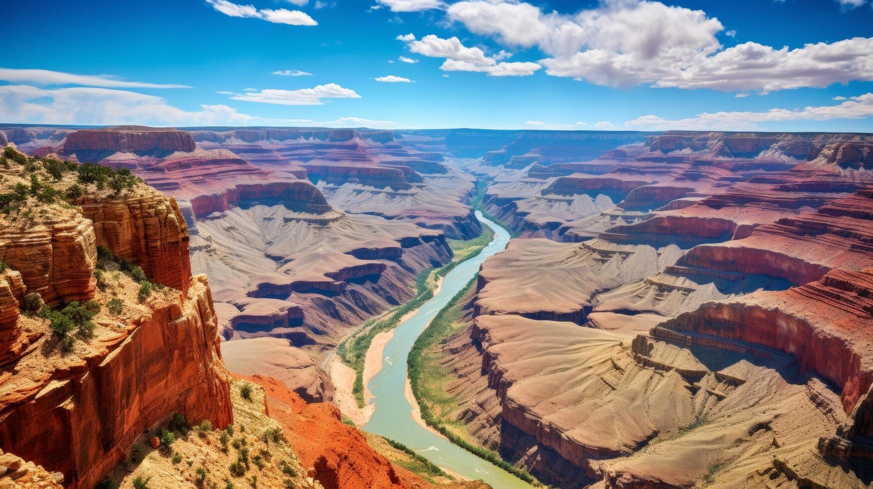 ai generato un' fiume curve attraverso un' canyon con diverso strati di rocce visibile nel il distanza foto