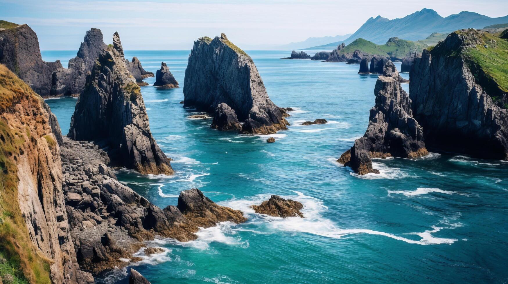 ai generato drammatico paesaggio di mare pile e scogliere foto