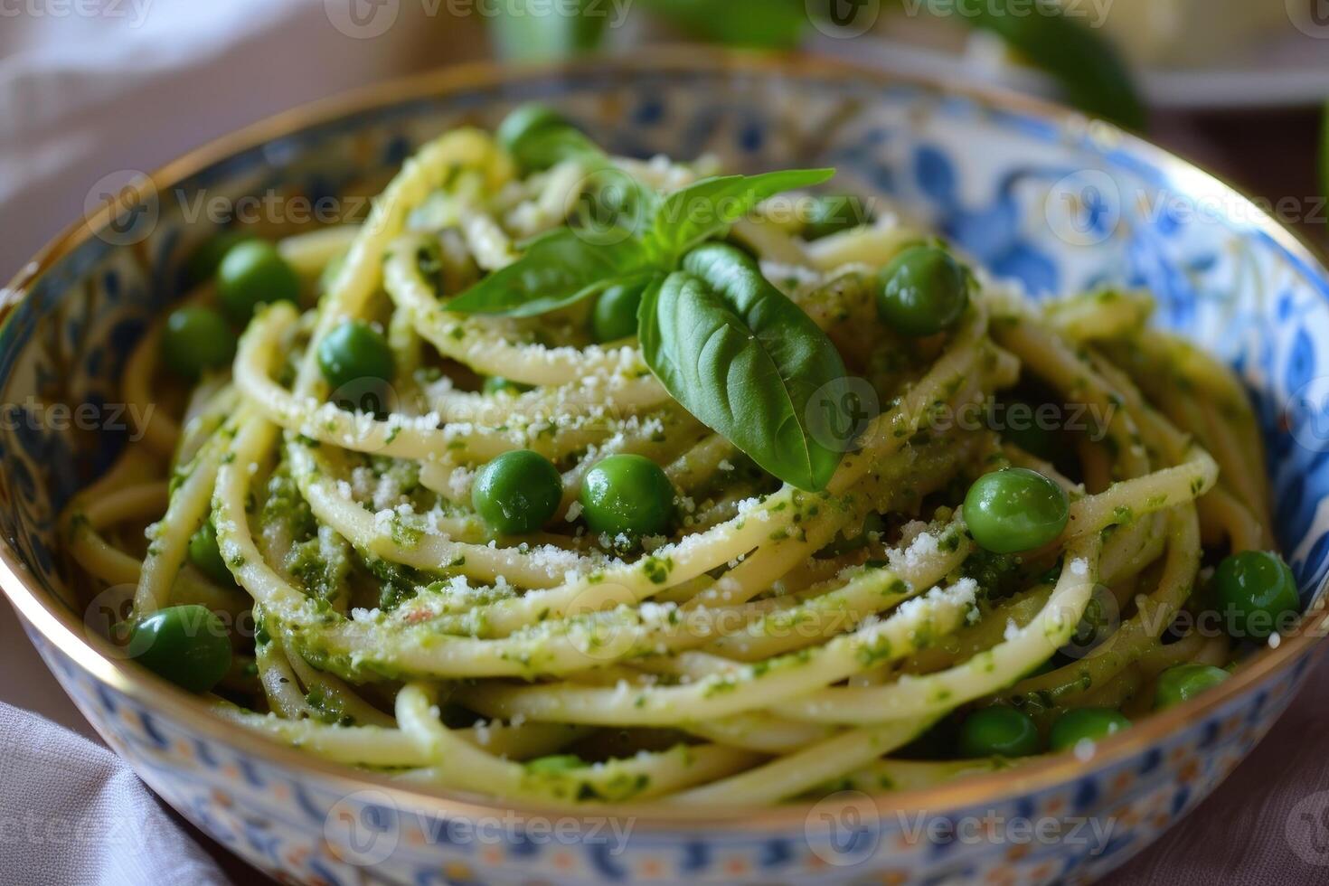 ai generato pasta spaghetti e pisello salsa servito nel ciotola. foto