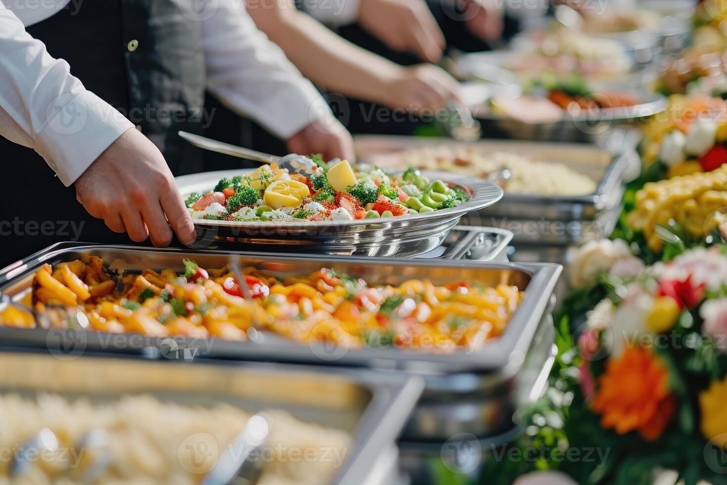 ai generato Cameriere servendo un' buffet tavolo. ristorazione buffet cibo interno nel lusso ristorante con carne e verdure. foto