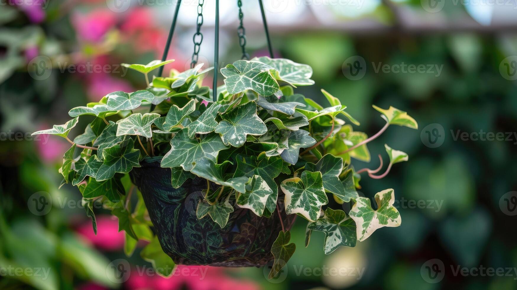 ai generato il concetto di casa e giardino di tensioni edera cresciuto nel un' sospeso cestino su pianta asilo, ornamentale rampicanti. foto