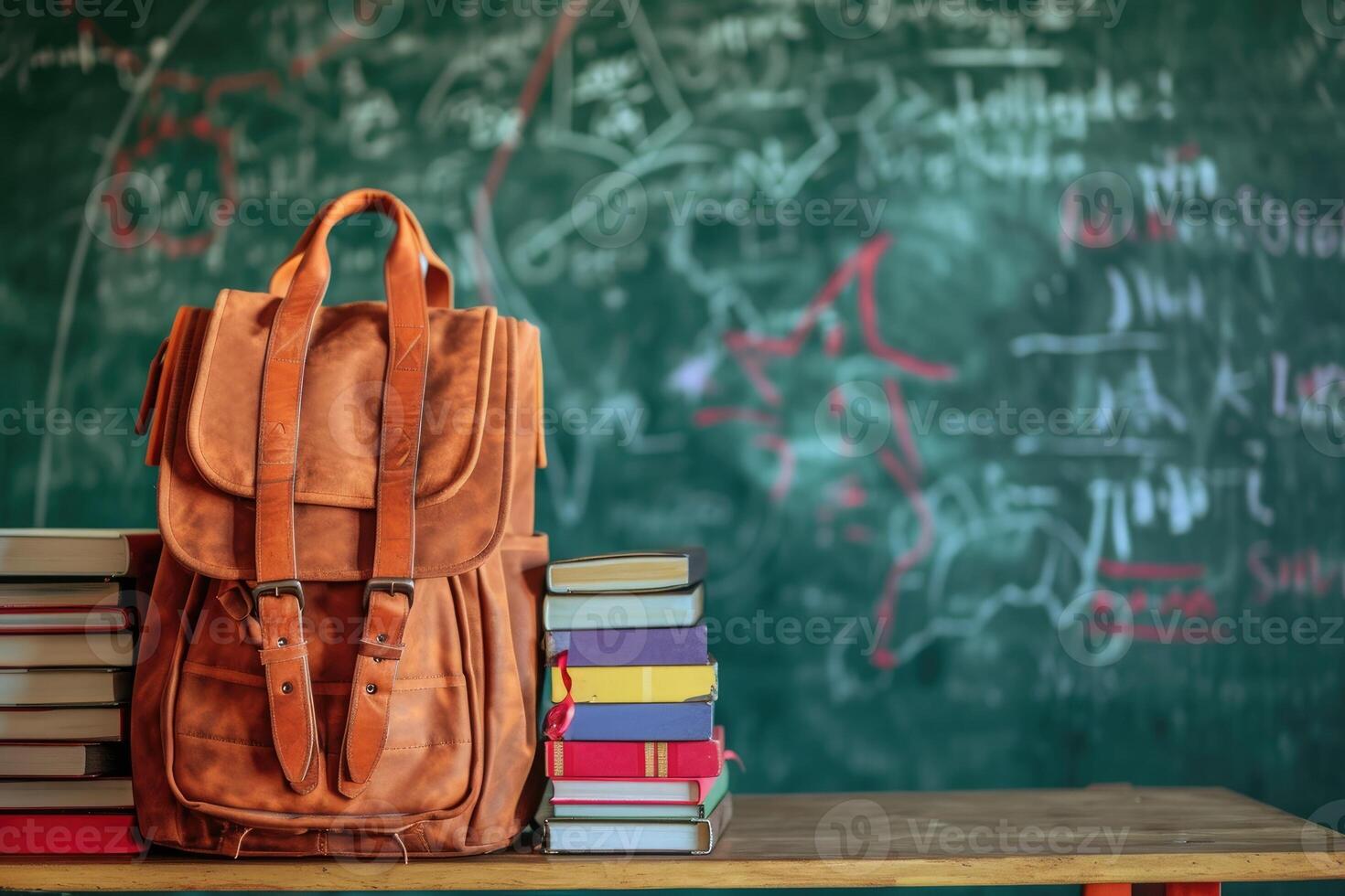 ai generato scuola Borsa e libri di testo nel davanti di un' lavagna su un' scuola scrivania. indietro per scuola concetto. foto