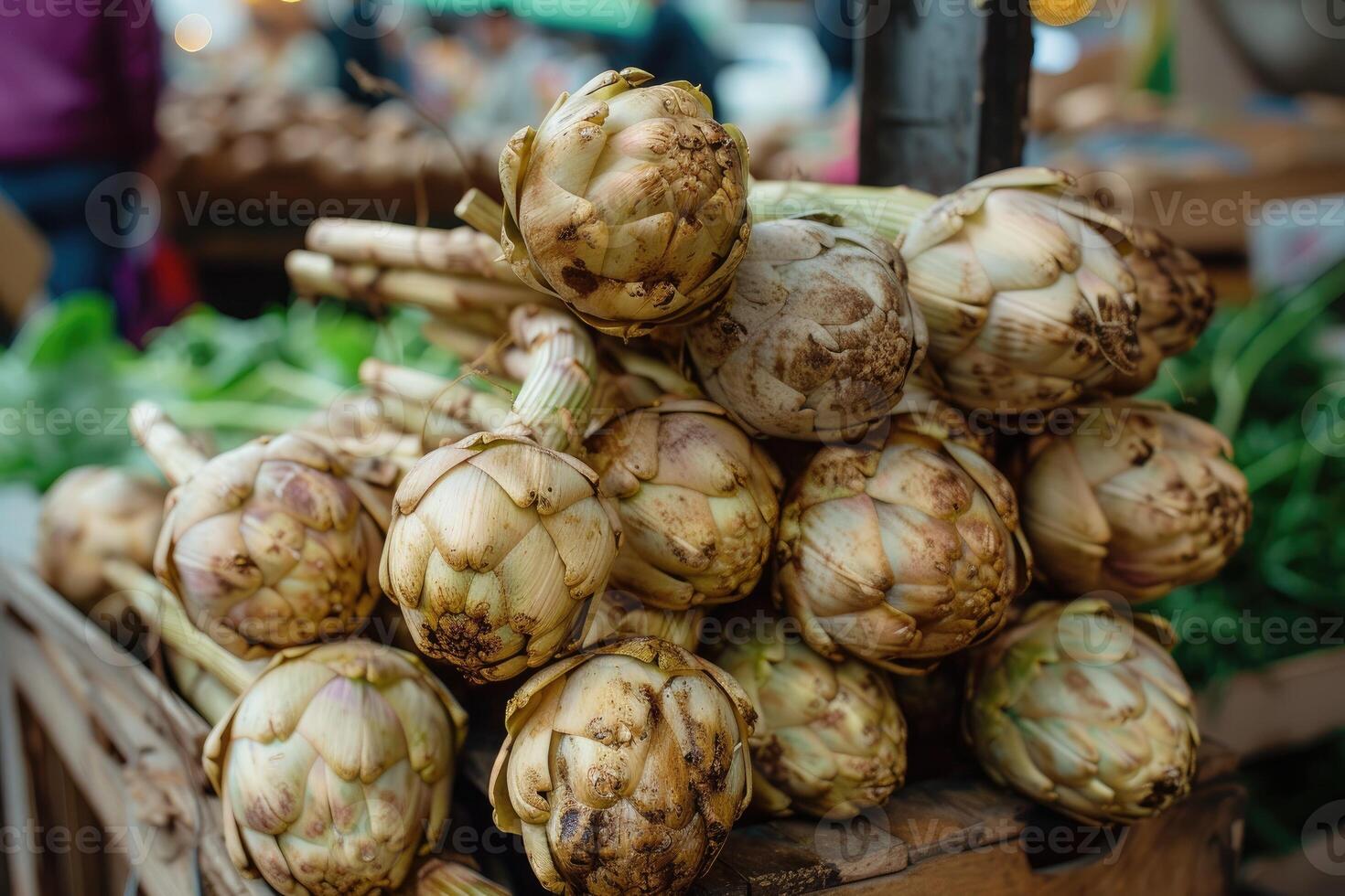 ai generato pila di carciofi su un' mercato stalla. foto