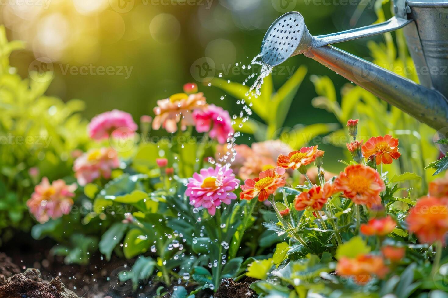 ai generato luce del sole filtri attraverso un' giardino scena dove un' irrigazione può nutre un' letto di vivido fiori, cattura il essenza di primavera crescita foto