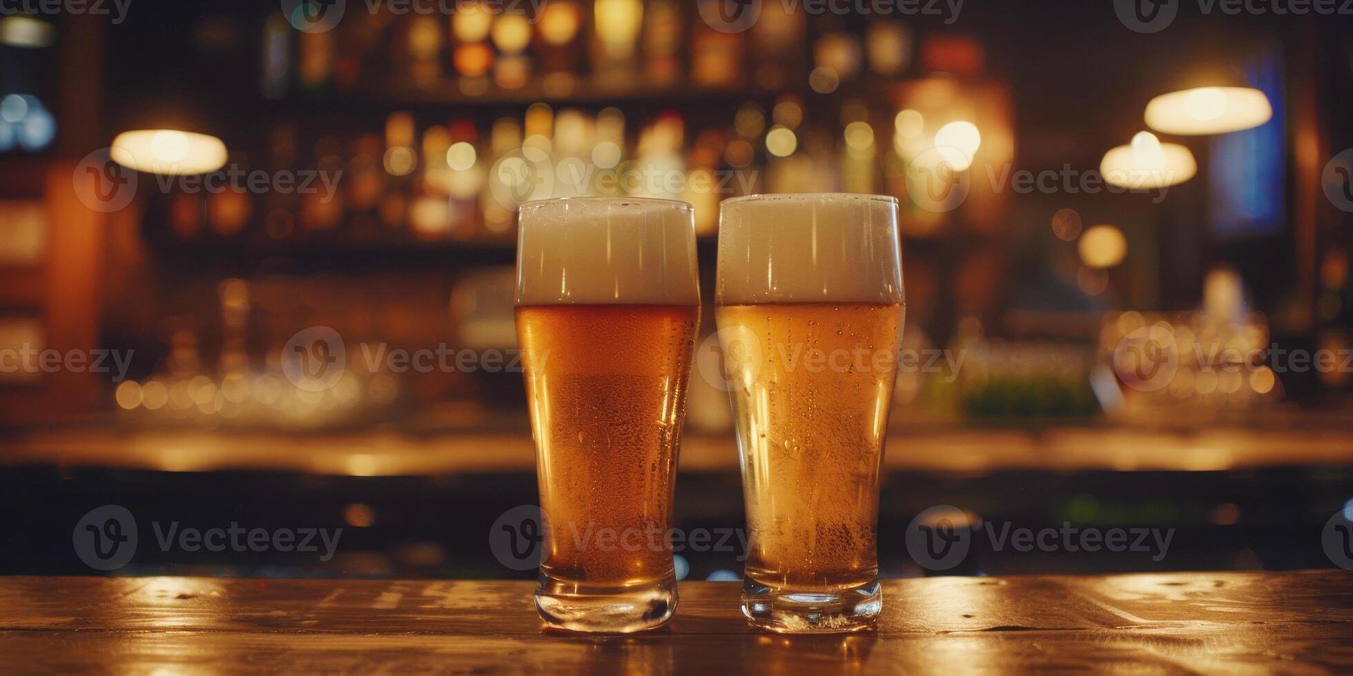 ai generato Questo foto raffigura Due bicchieri di birra posto su superiore di un' bar contatore, cattura un' celebrativo momento nel un' casuale ambientazione