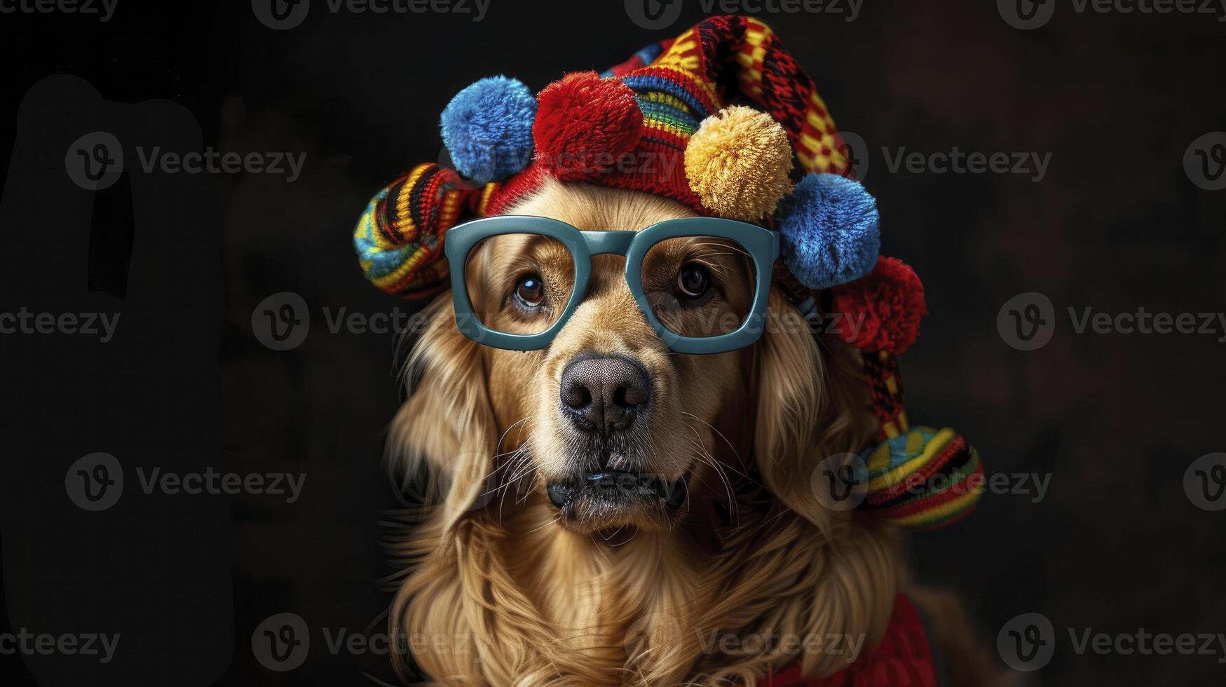 ai generato cane indossa bicchieri e cappello foto