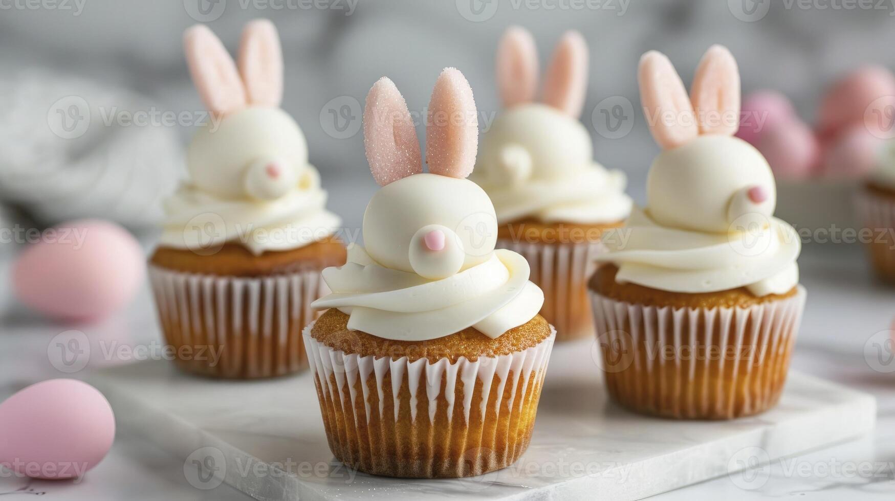 ai generato Pasqua coniglietto cupcakes concetto decorato con bianca glassa e leggero rosa orecchie. foto