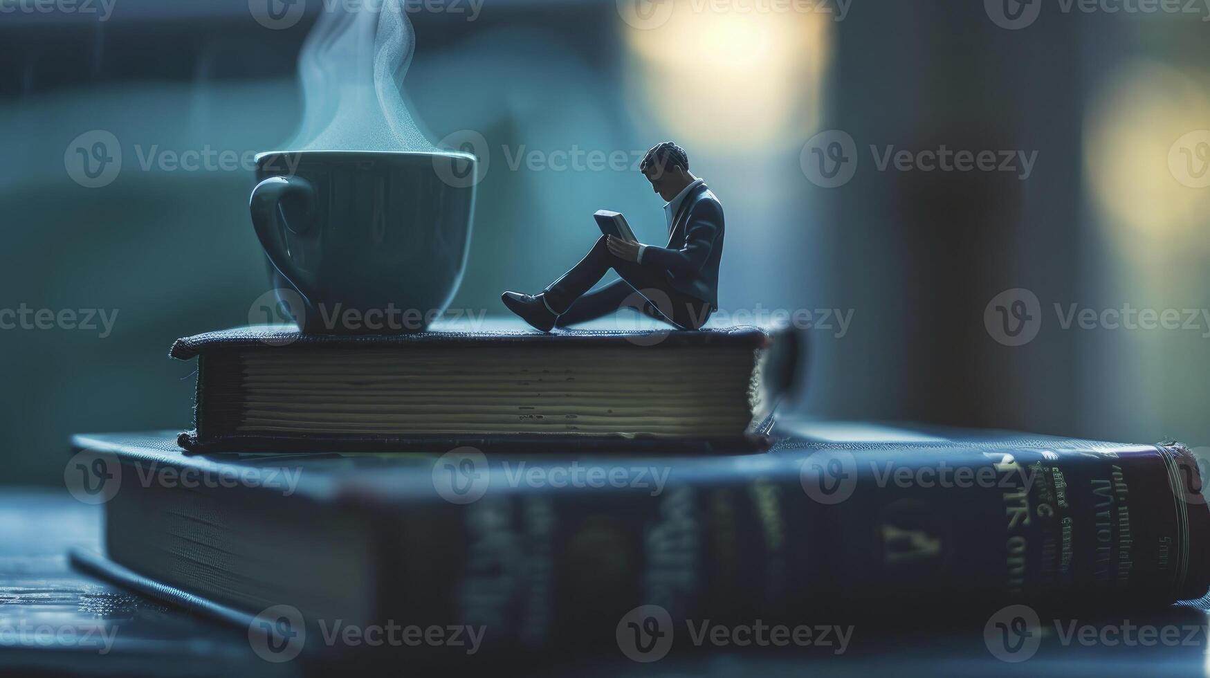 ai generato un' miniatura uomo seduta su superiore di libri lettura con caffè tazza foto