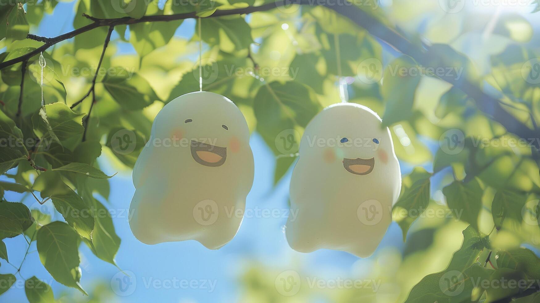 ai generato Due carino bianca sorridente fantasma bambole cotone sospeso su un' albero, verde le foglie sfondo. foto