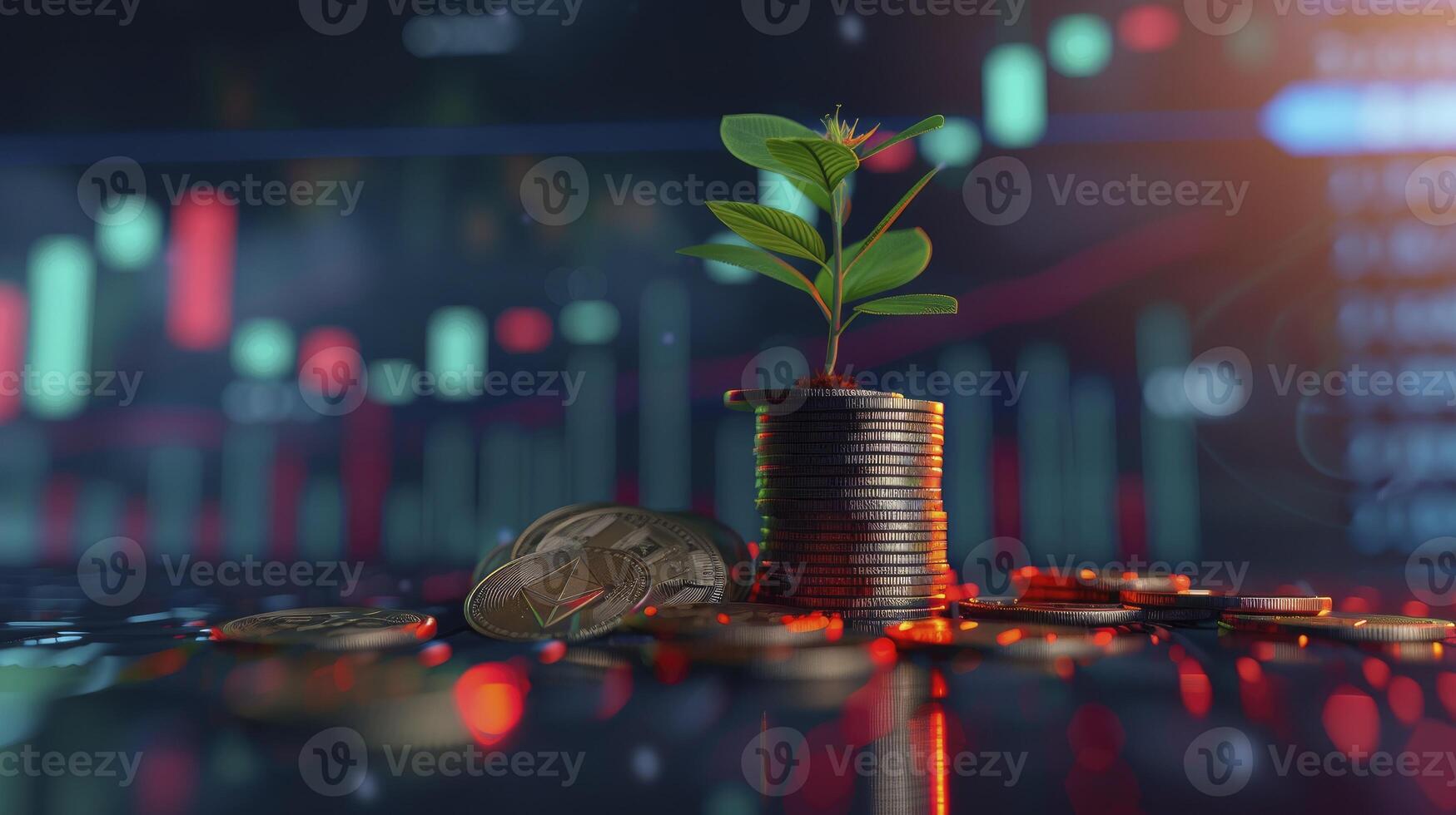 ai generato un' pila di monete con un' piccolo pianta germoglio in crescita su di esso, contro un verso l'alto azione grafico sfondo foto